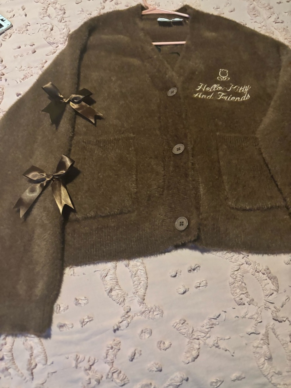 Hello Kitty Brown Fuzzy Button Cardigan with Ribbon Bows